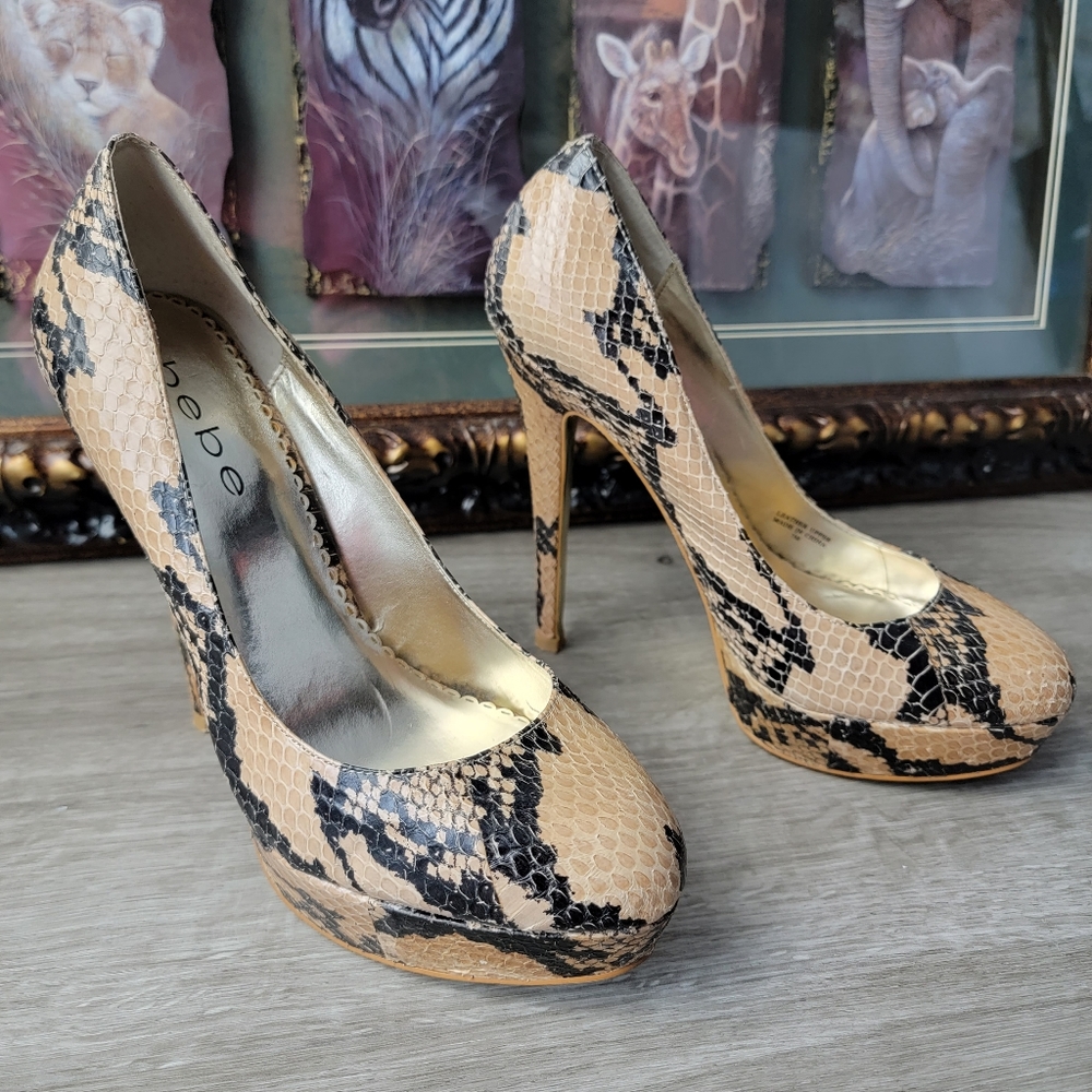 bebe Nude and Black Snakeskin Platform Pumps with Stiletto Heel